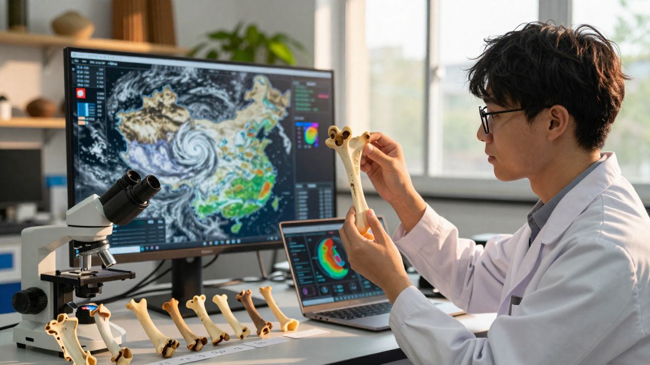 Homem de jaleco analisa modelo de osso num laboratório com microscópio e imagens digitais no computador.