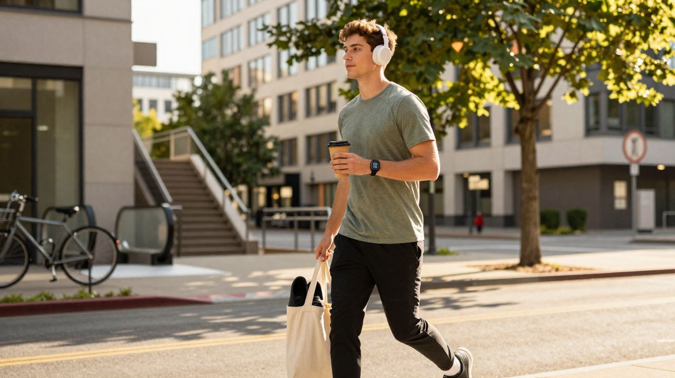 Homem jovem com auscultadores e mochila a caminhar na rua numa zona urbana ao sol.