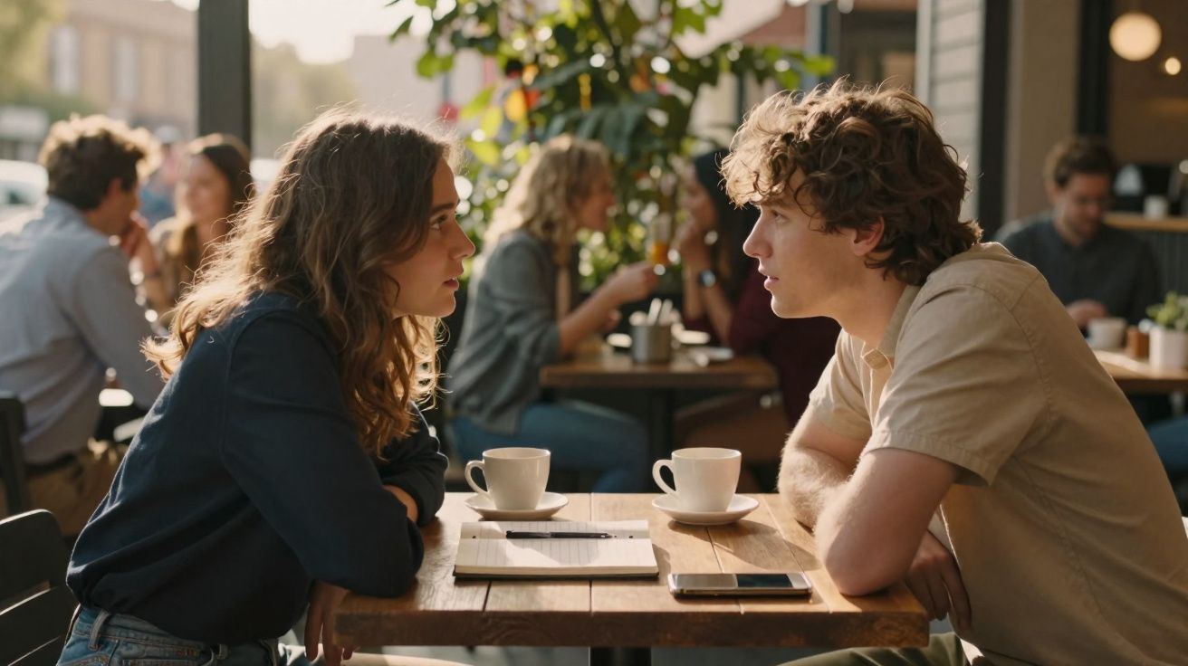 Casal jovem a conversar atentamente numa cafetaria com duas chávenas e um caderno na mesa.