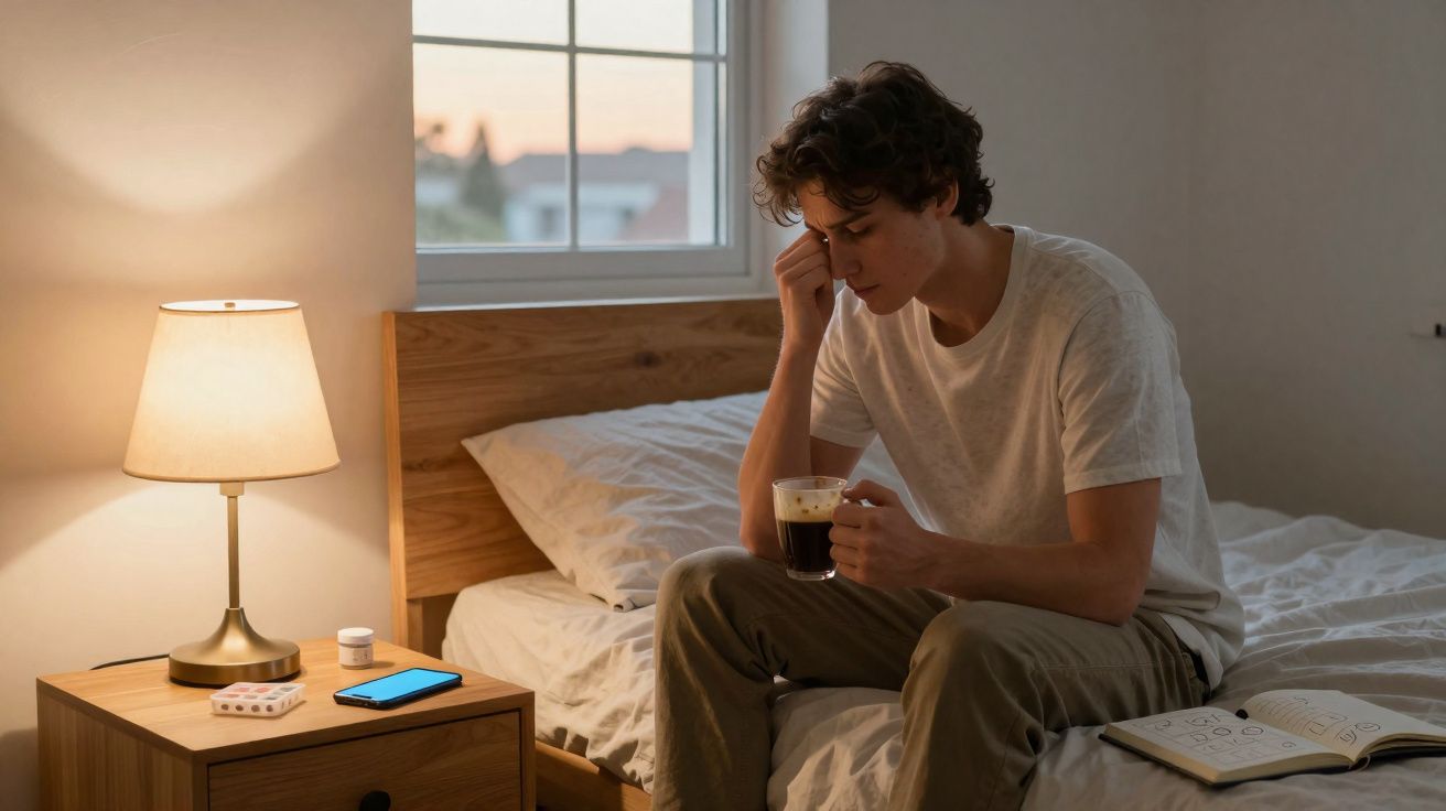 Jovem sentado na cama com expressão cansada, segurando uma chávena de café, junto a uma mesa de cabeceira com medicamentos.