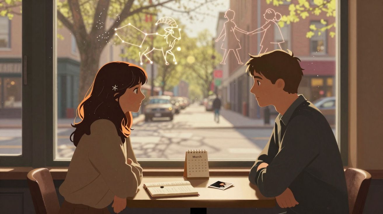 Jovem casal conversa numa mesa junto à janela, com constelações desenhadas a flutuar atrás deles.