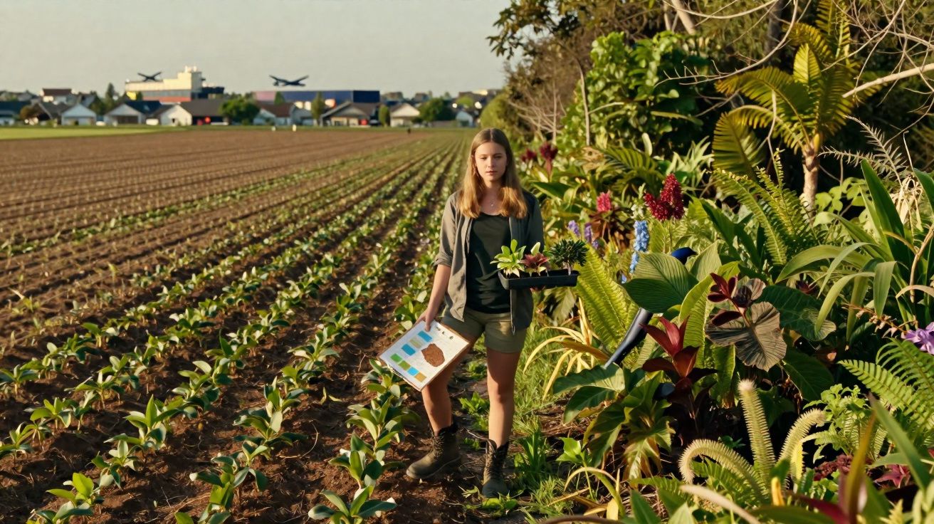 Jovem numa plantação agrícola com plantas numa bandeja, a segurar uma prancha de desenho colorida.