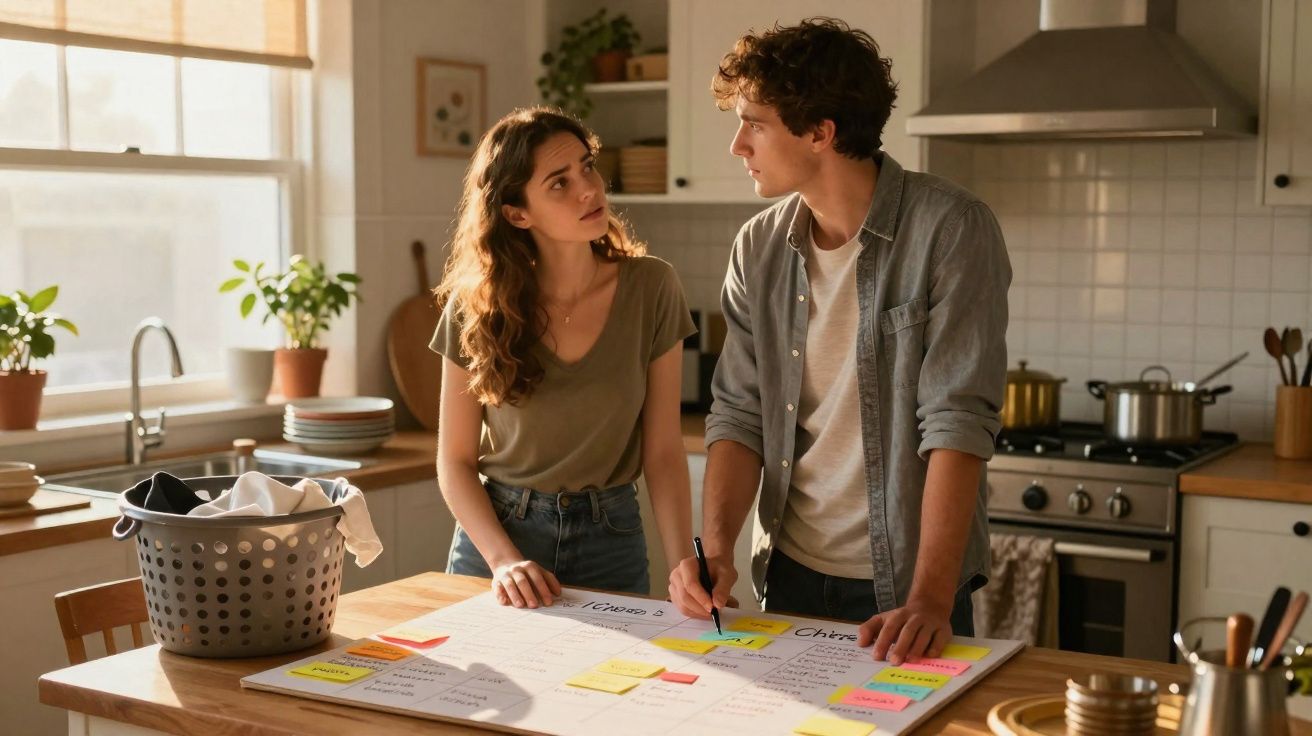 Casal jovem a planear tarefas na cozinha, rodeado por post-its coloridos num quadro branco.