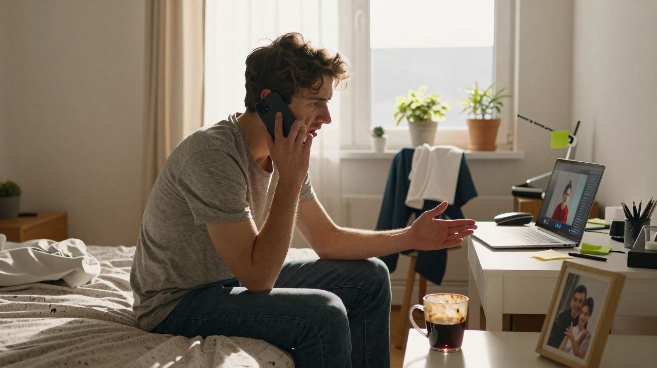 Homem sentado na cama a falar ao telefone e a usar computador portátil numa divisão iluminada.