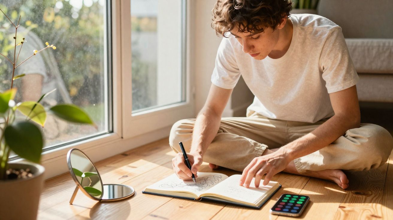 Jovem sentado no chão junto a uma janela, a desenhar num caderno com caneta preta.