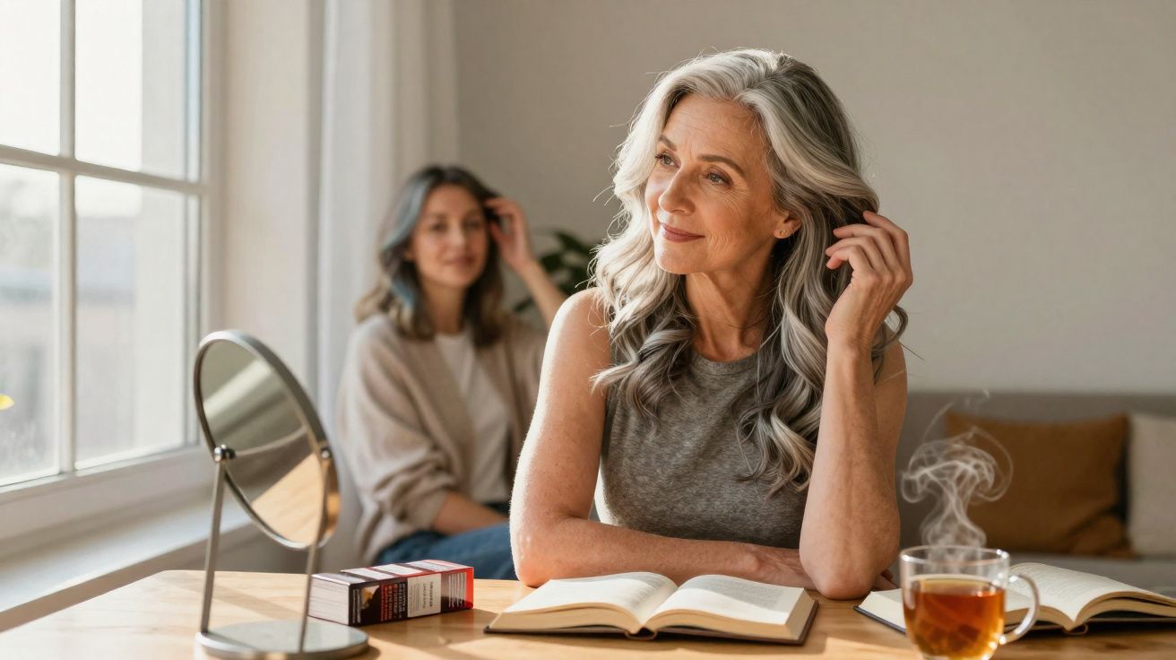 Mulher madura sentada a olhar pela janela com livro aberto e chá quente numa mesa iluminada pela luz natural.