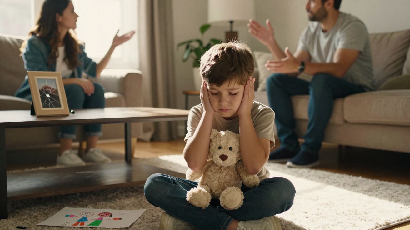 Criança sentada no chão com ursos de peluche, tapando os ouvidos enquanto adultos discutem no sofá ao fundo.