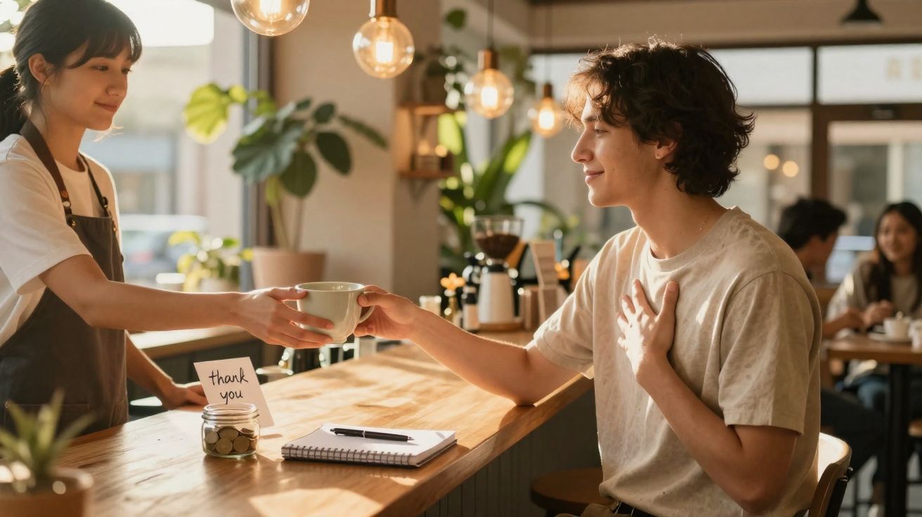 Cliente a receber uma bebida de uma barista num café com ambiente acolhedor e luz natural.
