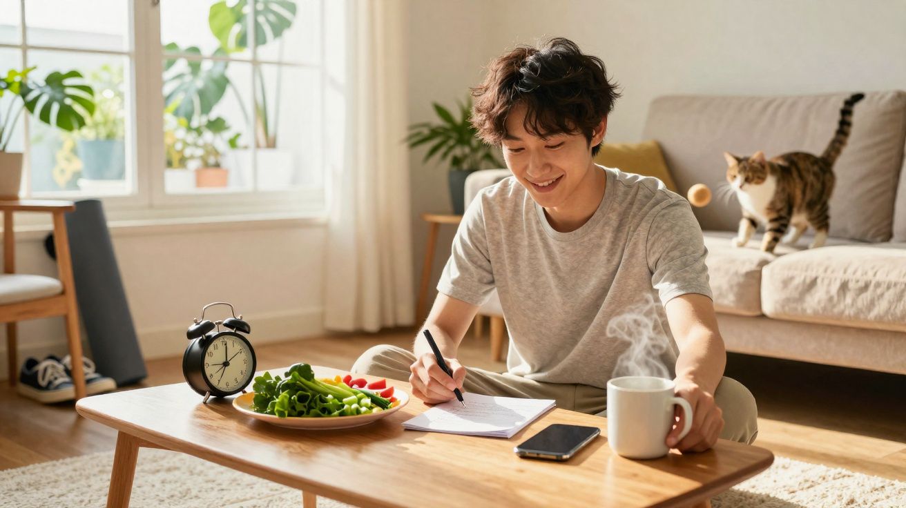 Jovem sentado no chão a escrever, com chá quente, legumes e um gato no sofá ao fundo.