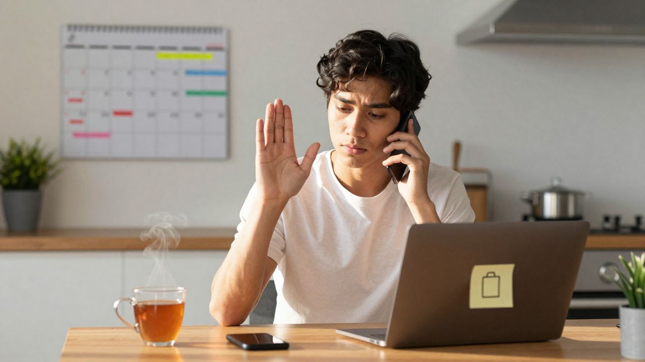 Jovem ao telemóvel em casa, sentado à mesa com computador e chá fumegante, gesto de paragem com a mão.