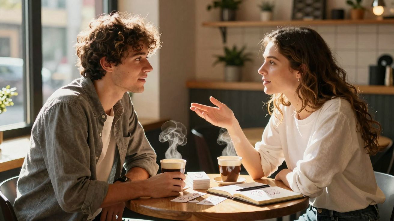 Jovem casal conversa animadamente num café, com duas chávenas de café quente à sua frente e ambiente acolhedor.