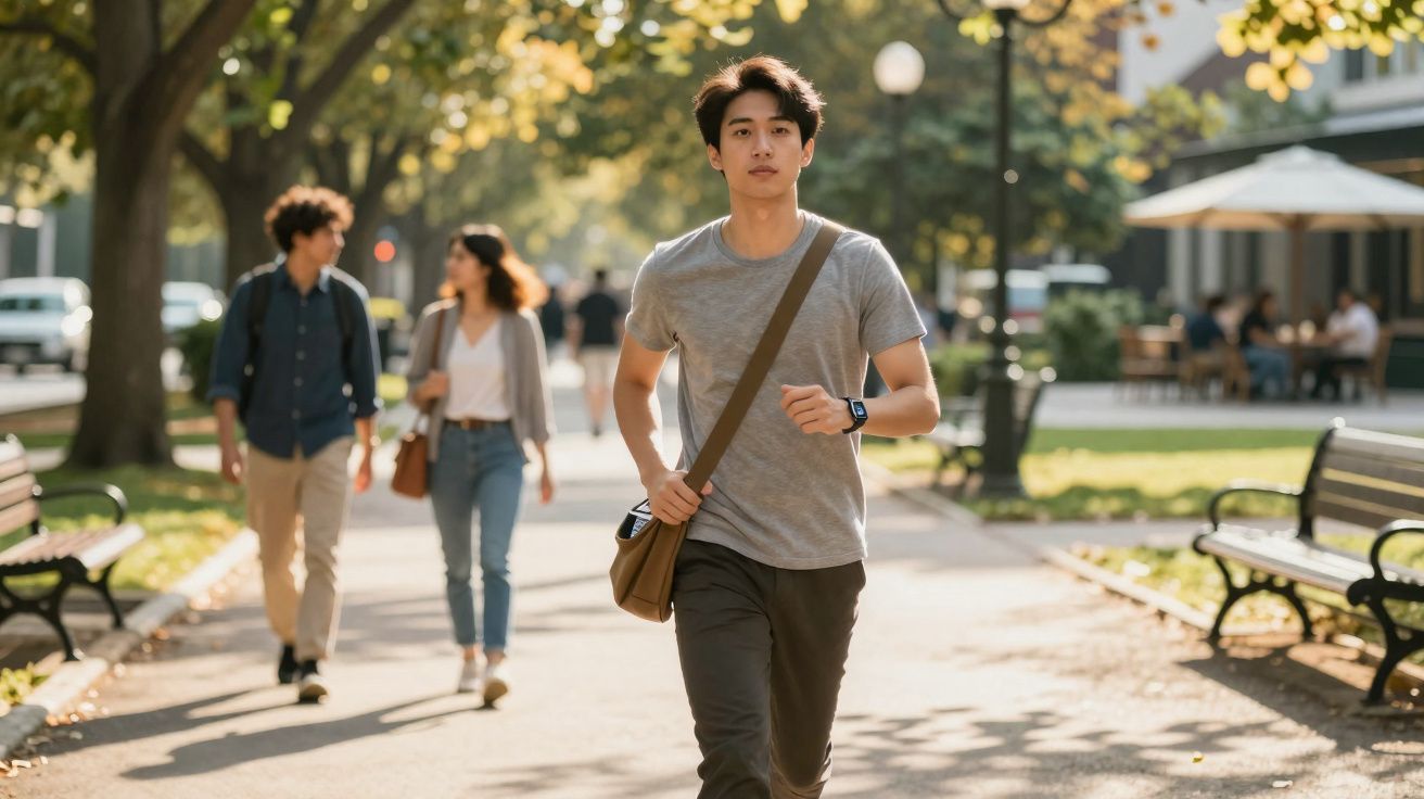 Homem a correr num parque urbano com duas pessoas a caminhar ao fundo entre árvores e bancos.