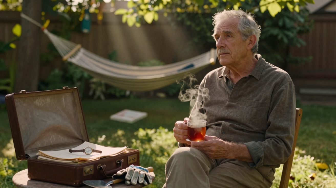 Homem idoso sentado no jardim segurando chá quente, com mala e luvas de jardinagem sobre a mesa.