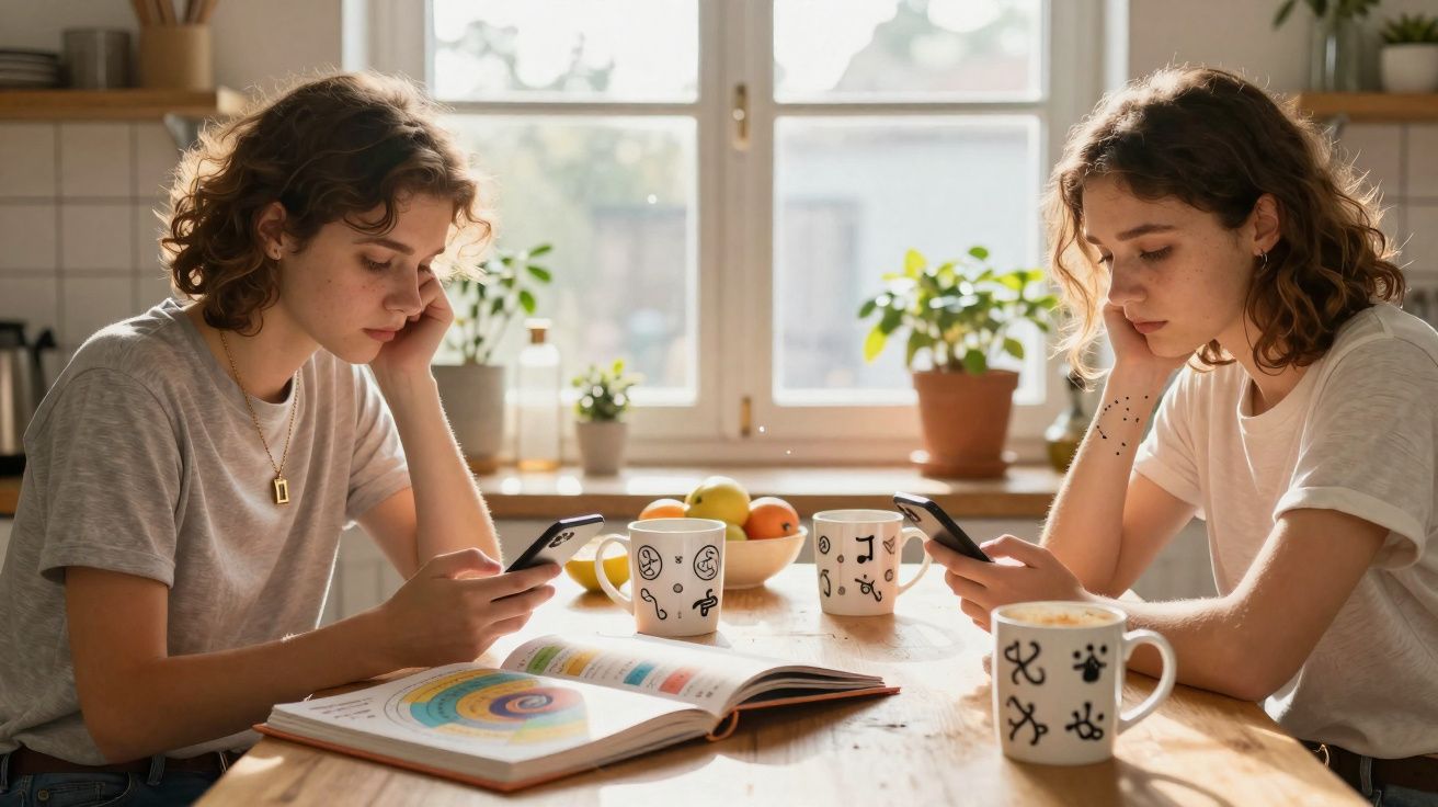 Pessoa jovem sentada à mesa com dois telemóveis, livros abertos, canecas e fruta, num ambiente iluminado pela janela.