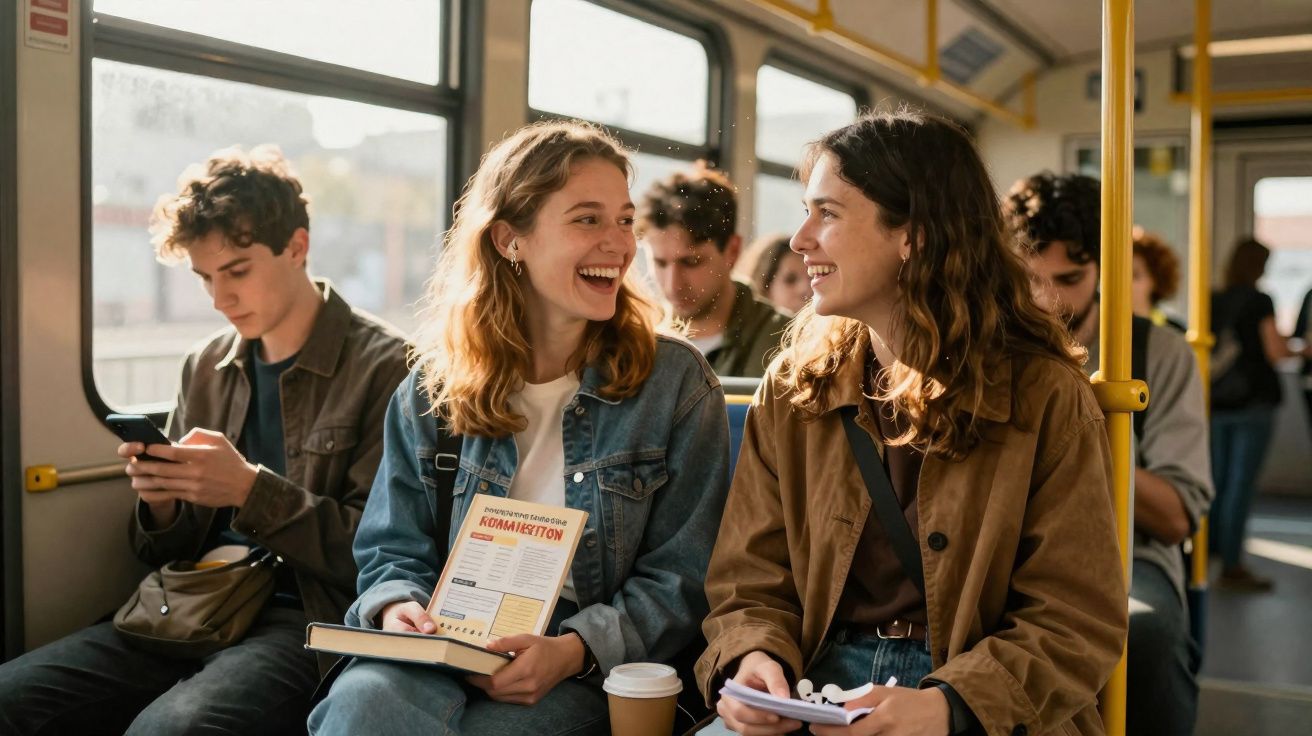 Jovens sentados num autocarro, duas raparigas sorriem e conversam, rapaz ao lado usa telemóvel.