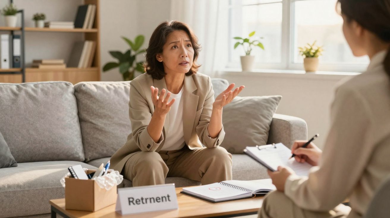Mulher preocupada a falar com terapeuta numa consulta, em sala acolhedora com sofá e janela ampla.