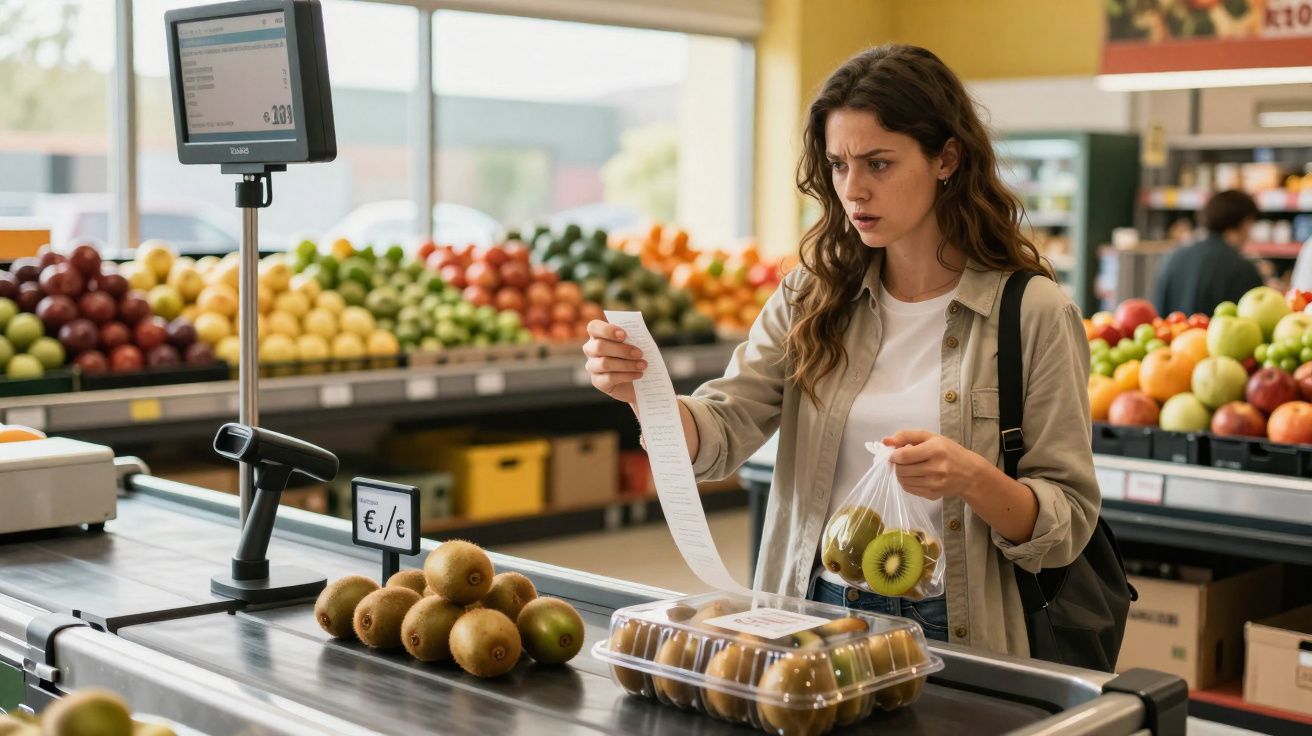Mulher no supermercado a consultar o talão de compra junto ao caixa com kiwis na banca.