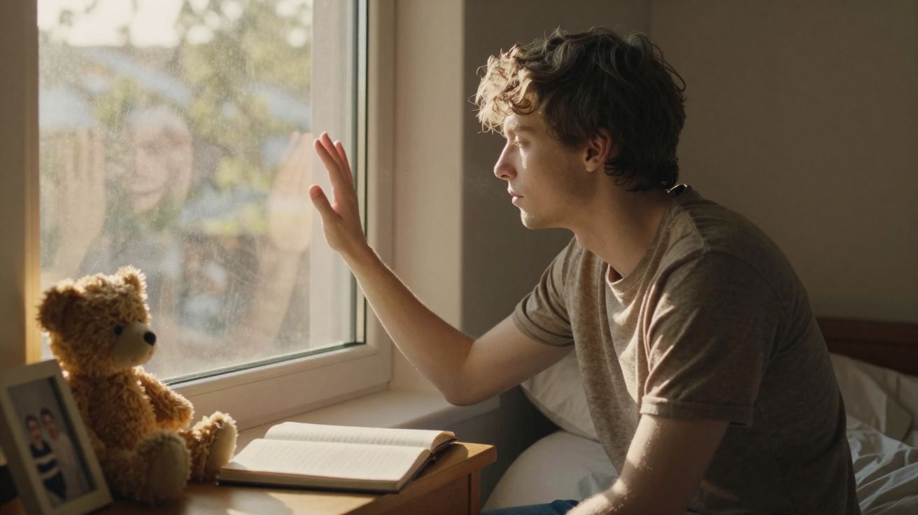 Jovem sentado na cama, olhando melancolicamente pela janela e com a mão na vidraça, ao lado de um livro e um urso de peluche.