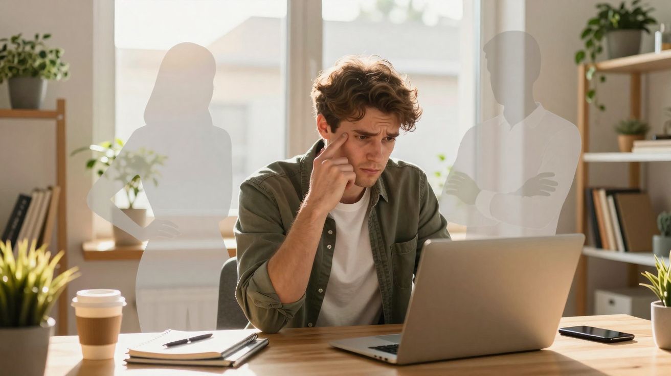 Homem preocupado a trabalhar no portátil com figuras sombreadas de pessoas ao fundo, em escritório claro.