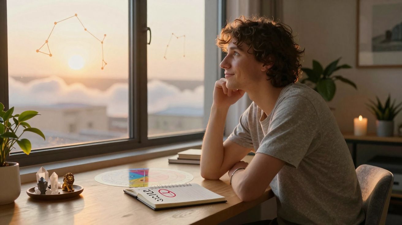 Pessoa a olhar pela janela para um céu com constelações, sentada numa mesa com objetos esotéricos.