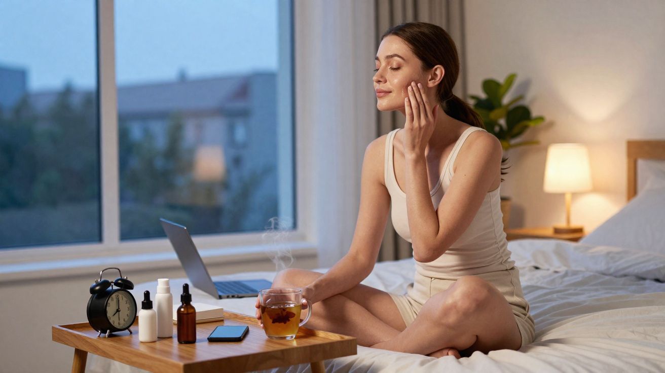 Mulher a aplicar creme facial sentada na cama com chá, produtos de beleza, telemóvel e computador.