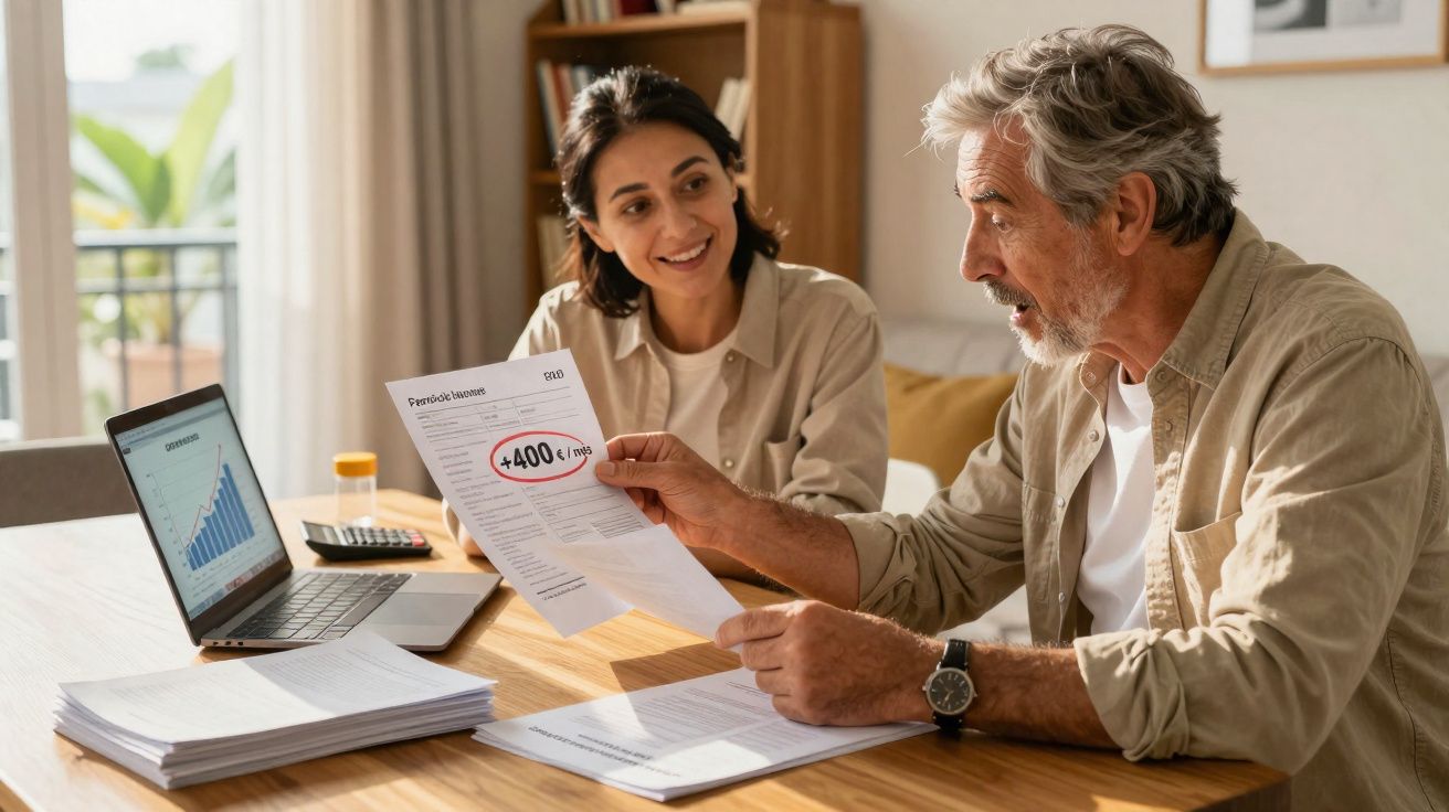 Homem idoso e mulher jovem a analisar documentos financeiros com laptop e gráficos numa mesa de madeira.