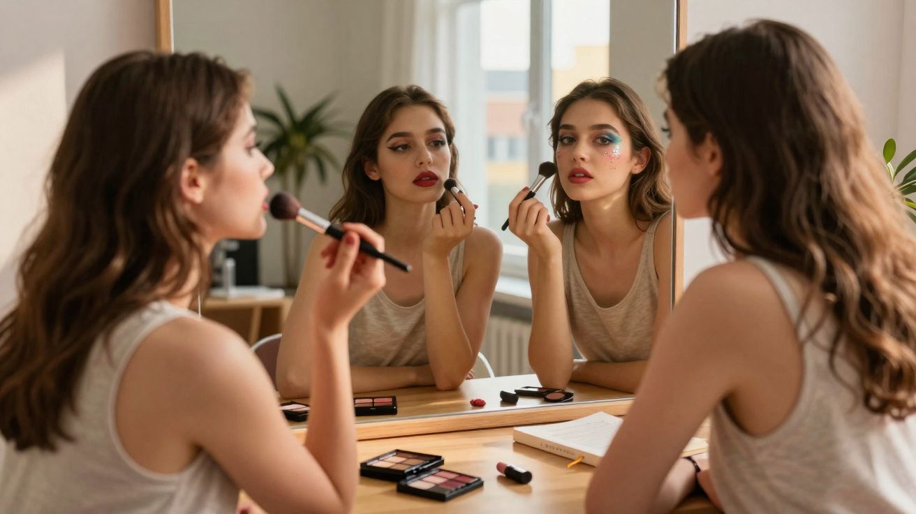 Jovem a maquilhar-se com pincel frente a espelho, com sombras de olhos e brilho no rosto.