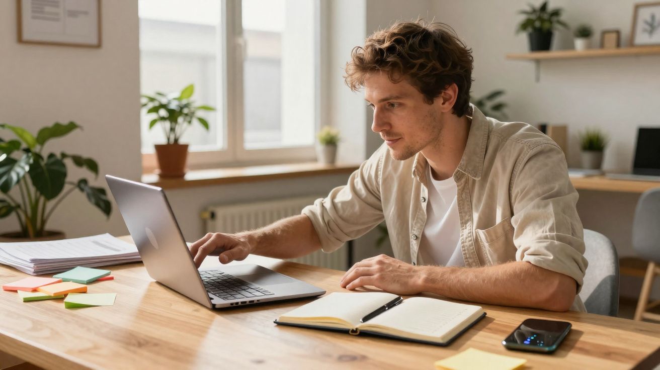 Jovem a trabalhar num computador portátil, sentado numa mesa com caderno aberto e telemóvel numa sala bem iluminada.