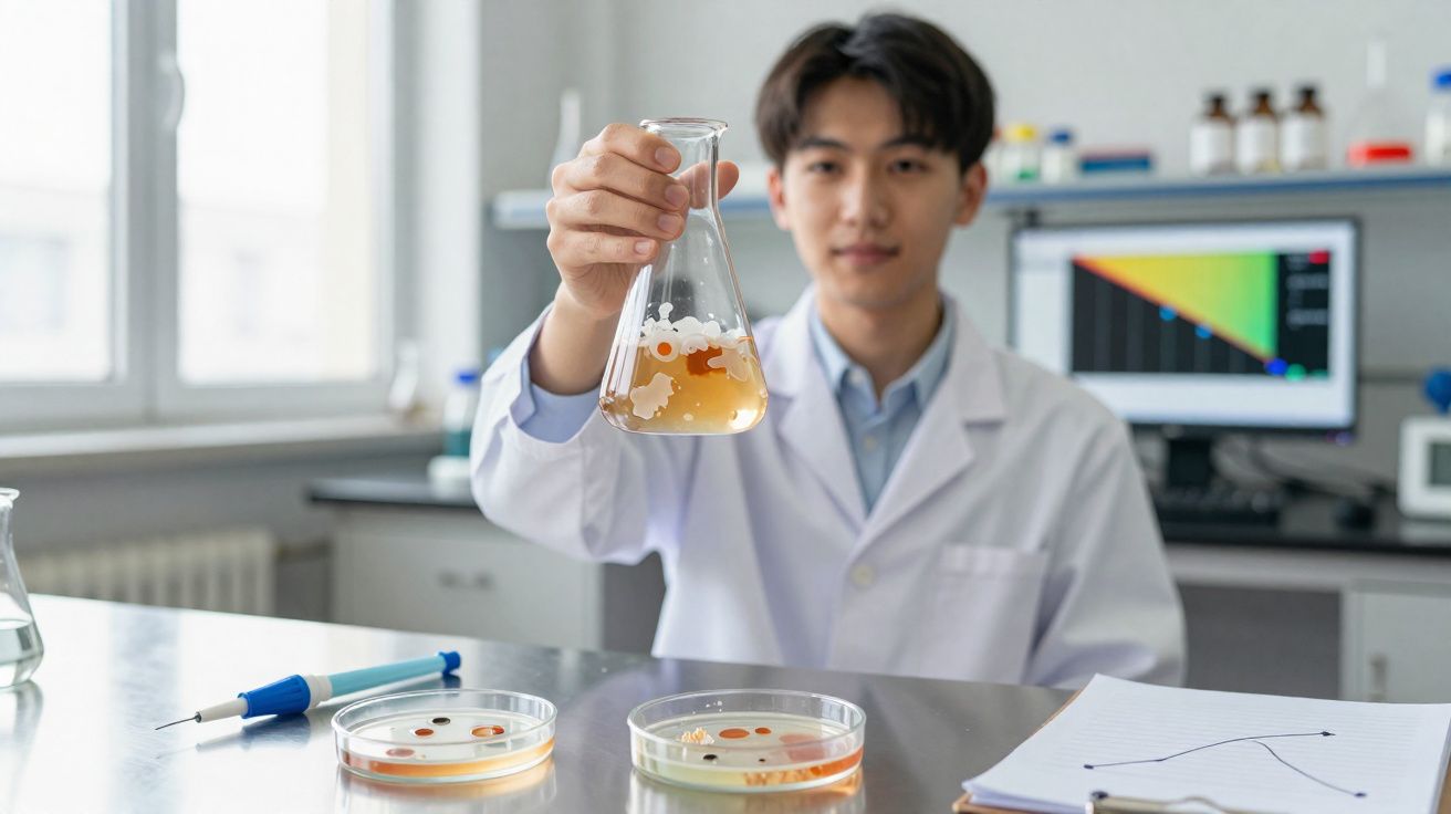 Jovem cientista com bata branca segurando um frasco com líquido amarelo num laboratório moderno.