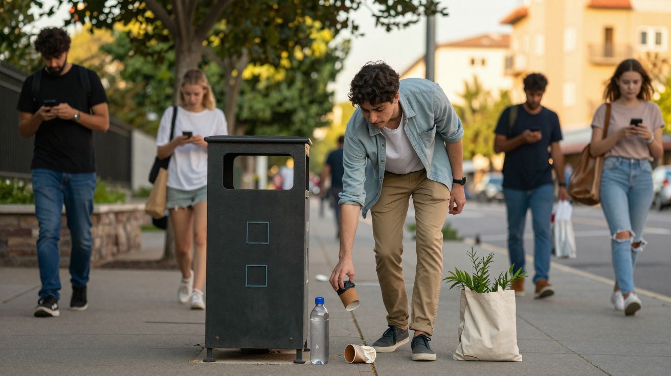 Homem a deitar copo de café para o lixo numa rua movimentada com mais pessoas a usar telemóveis.