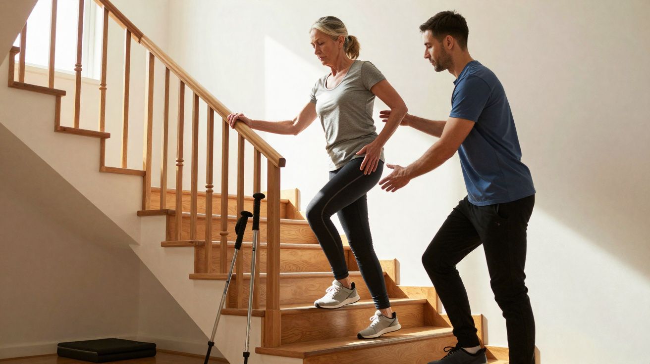 Mulher idosa a subir escadas com apoio de fisioterapeuta num interior luminoso e moderno.
