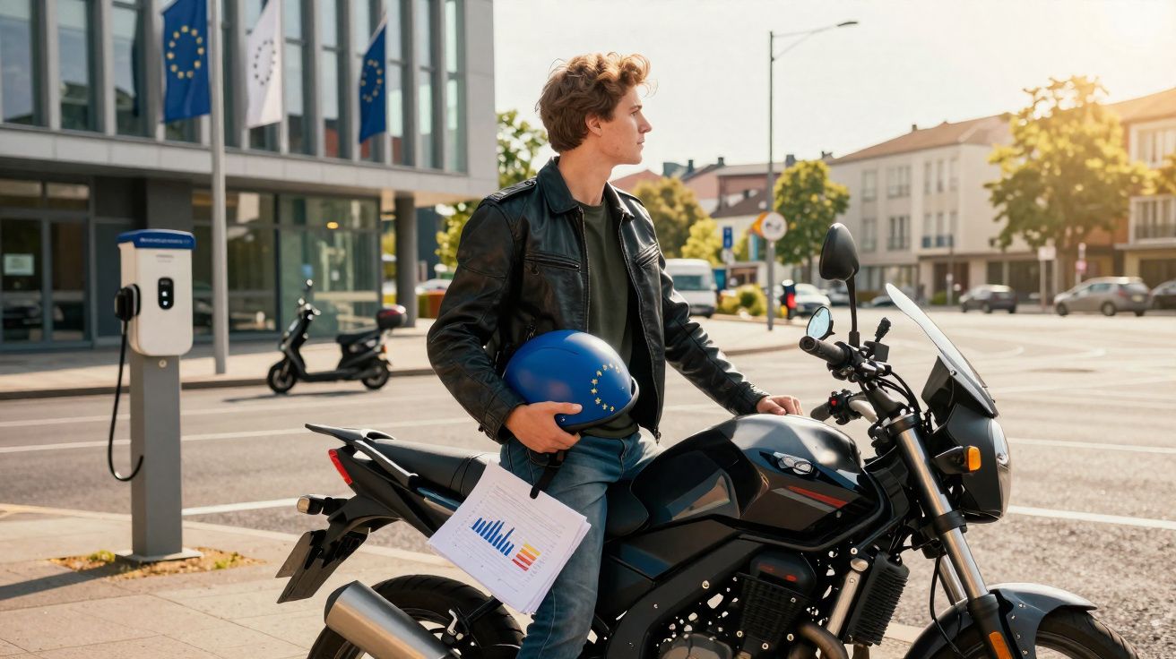 Homem com capacete azul sentado numa mota preta junto a posto de carregamento elétrico na cidade.