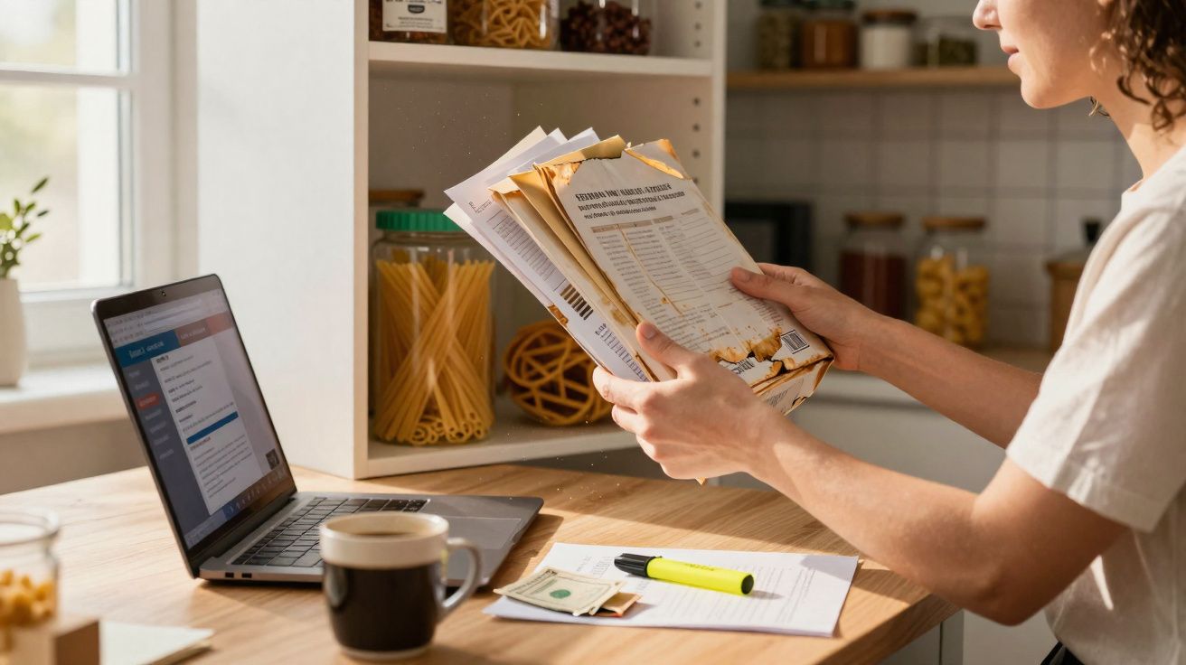 Pessoa a analisar faturas com computador portátil, marca-texto e café numa mesa de cozinha.