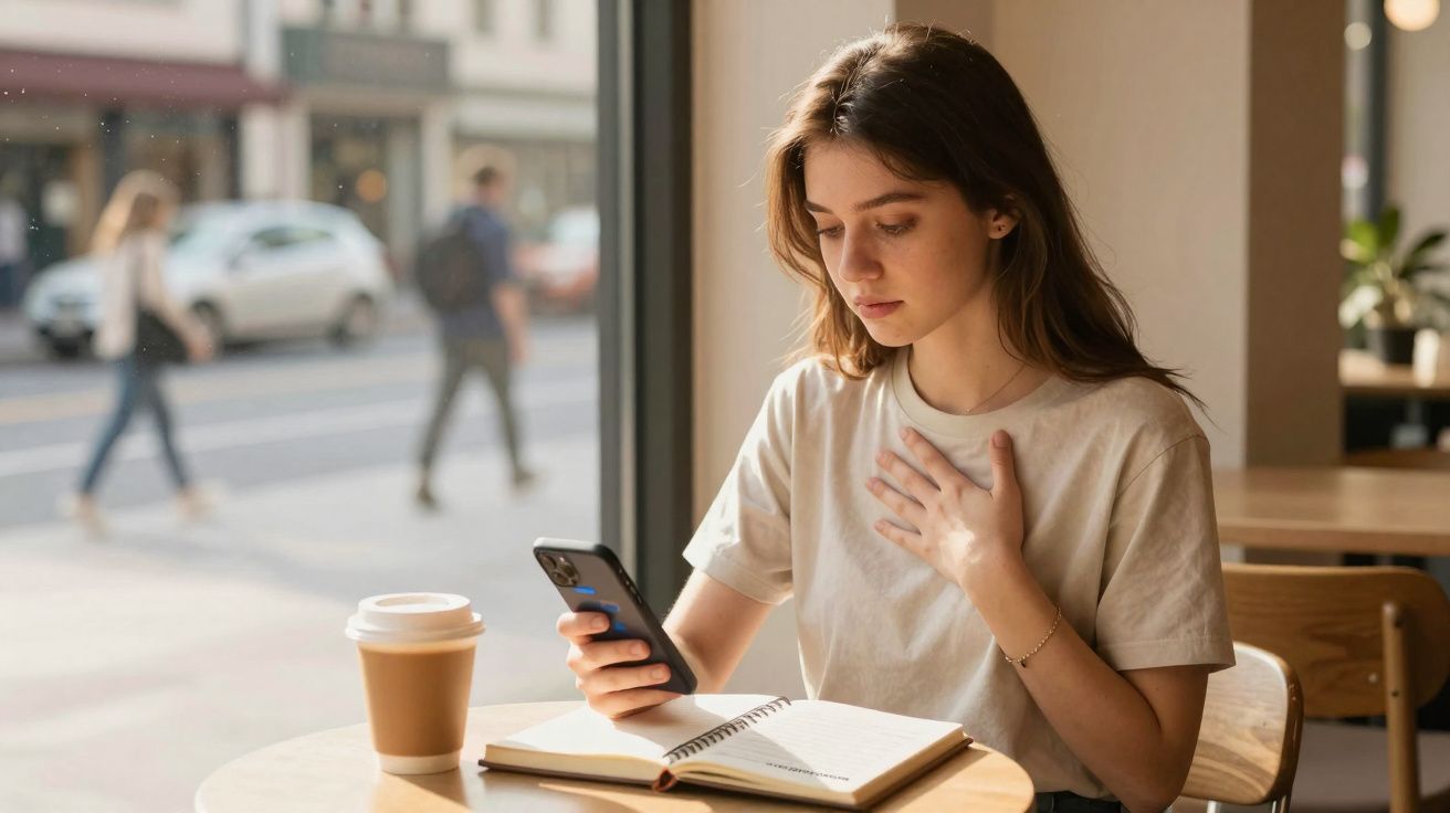 Jovem sentada numa cafeteria, emocionada ao ler mensagem no telemóvel, com caderno aberto e café na mesa.