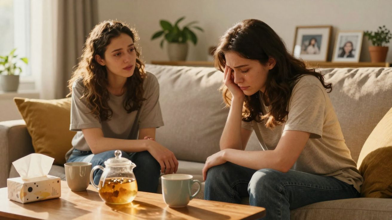 Duas mulheres sentadas no sofá, uma confortando a outra que parece triste, com chá e lenços numa mesa à frente.