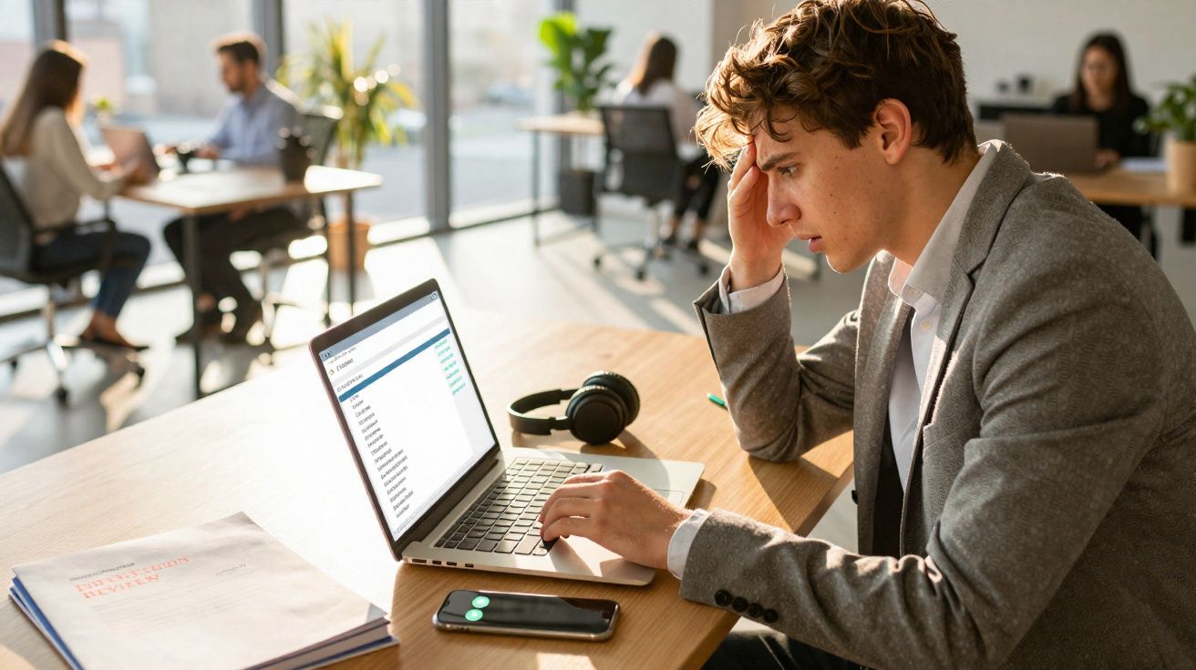 Homem preocupado a trabalhar num computador portátil numa mesa de escritório com outros colegas ao fundo.