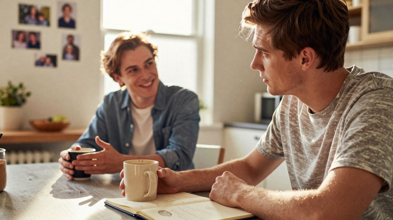 Dois jovens sentados à mesa numa cozinha, a conversar e a beber café, com livro aberto à frente.