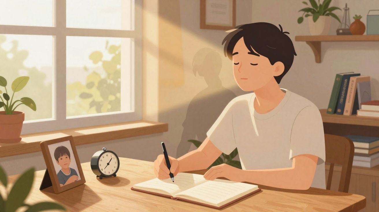 Jovem sentado à mesa a escrever num caderno, com foto, relógio e plantas num ambiente iluminado.