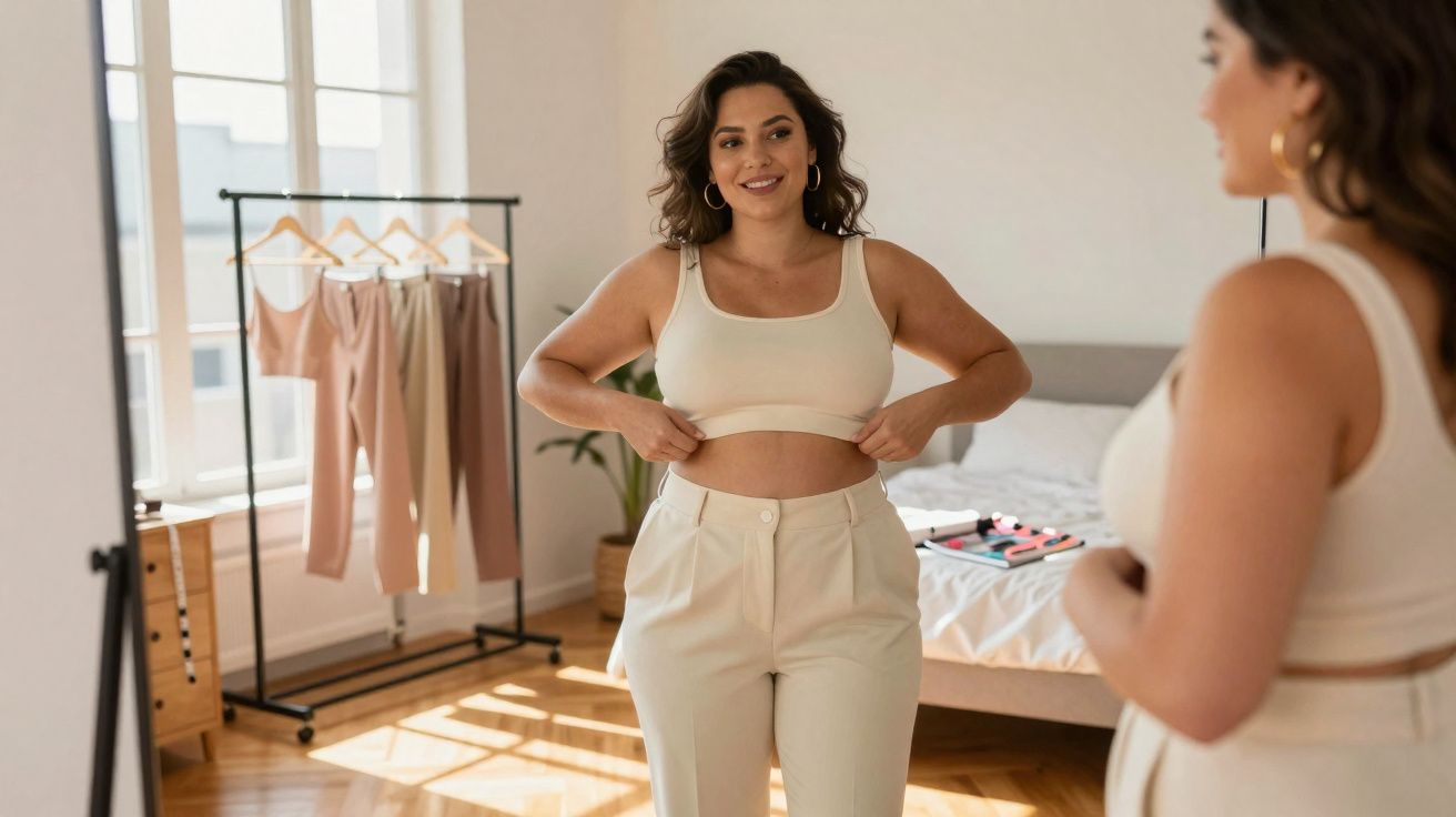 Mulher sorridente a experimentar roupa clara, a olhar para o espelho num quarto iluminado e arrumado.