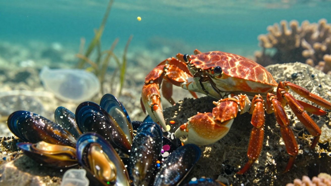 Caranguejo laranja sobre rocha perto de mexilhões no fundo do mar com água transparente.