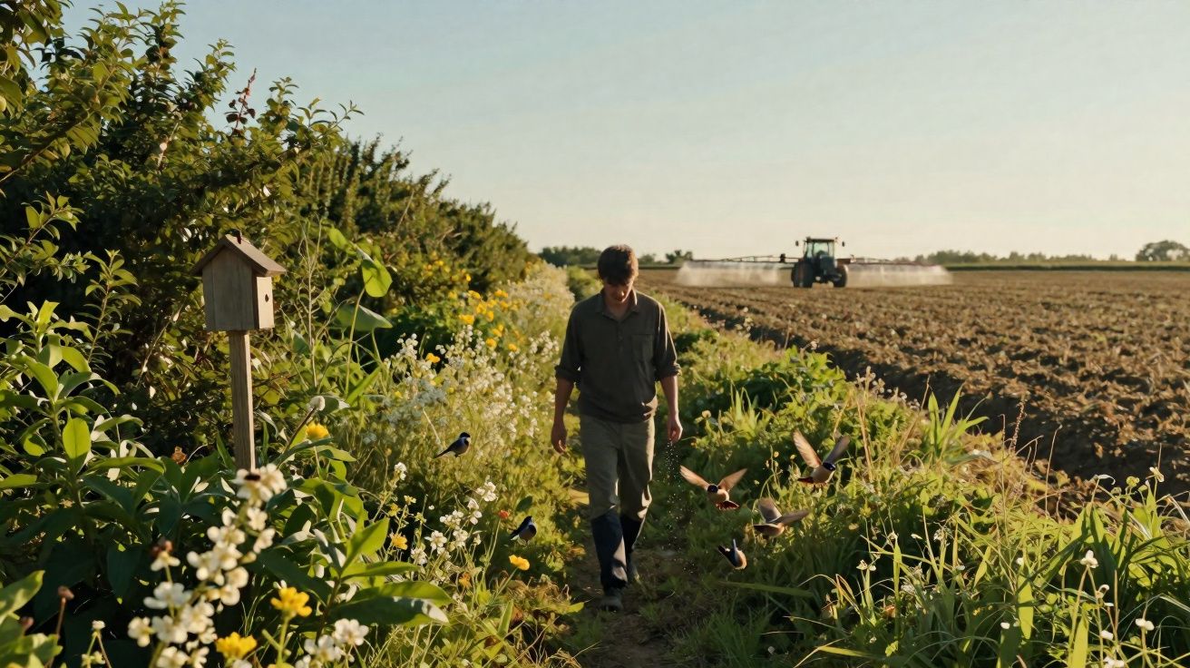 Homem a caminhar por entre vegetação com pássaros e trator a trabalhar numa terra arada ao fundo.