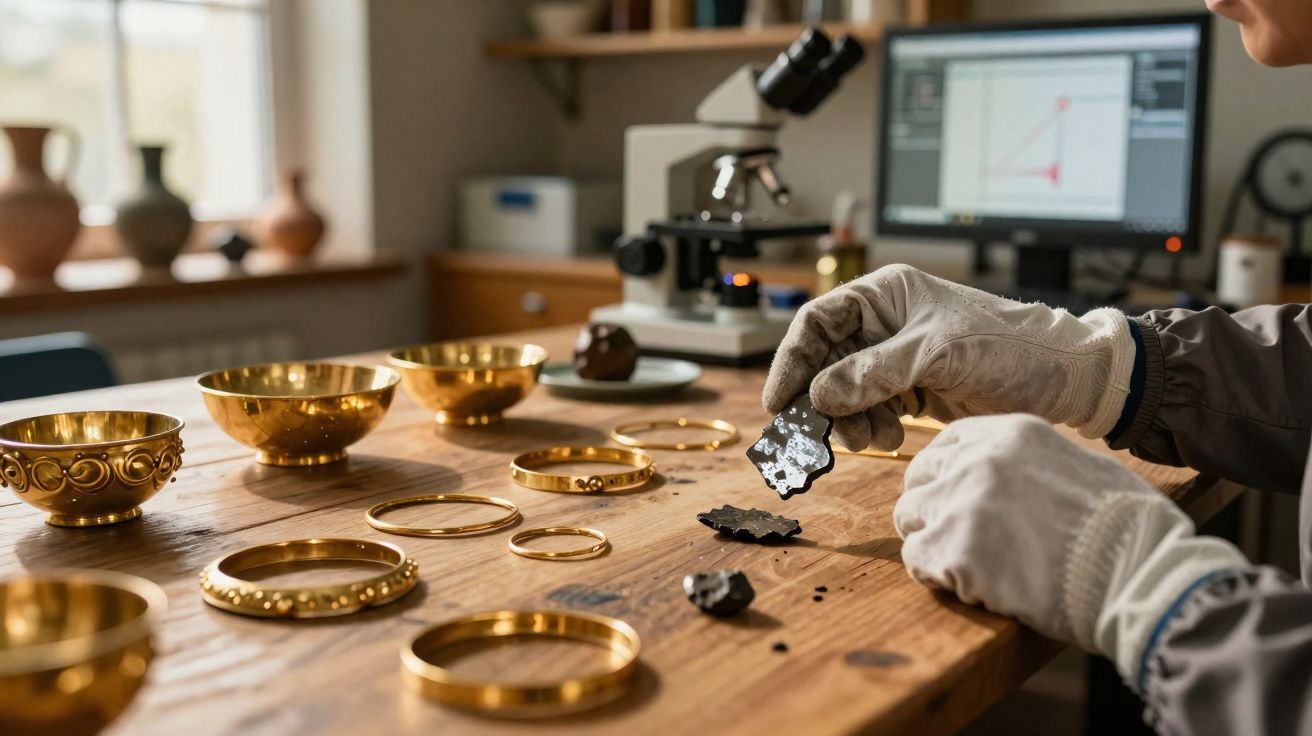 Mãos com luvas a mexer em fragmentos num laboratório com joias douradas e microscópio ao fundo.