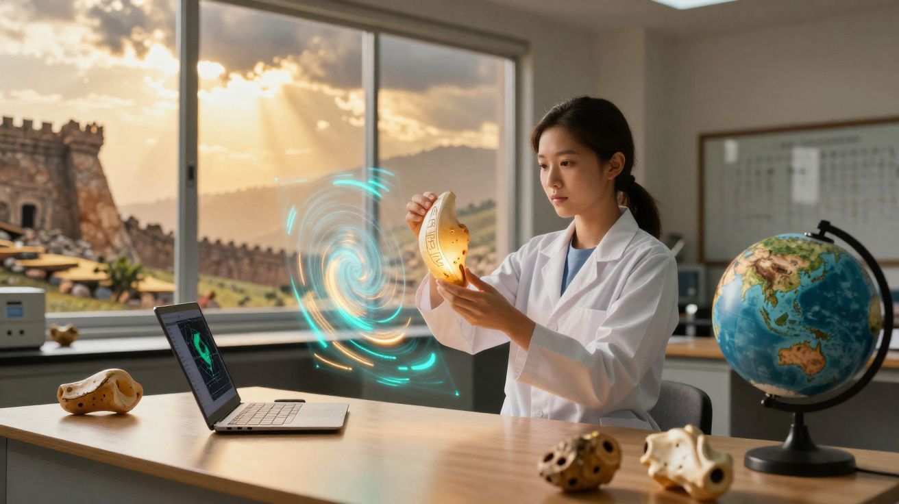 Mulher cientista em laboratório a analisar fóssil com laptop e globo terrestre na mesa, efeitos digitais à frente.