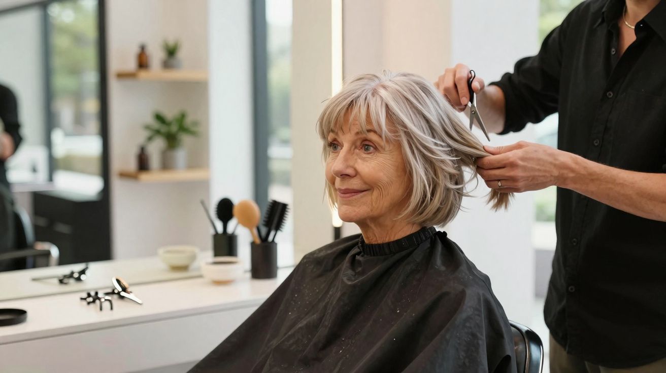 Idosa com cabelo cinza curto a receber corte de cabelo num salão de beleza moderno.