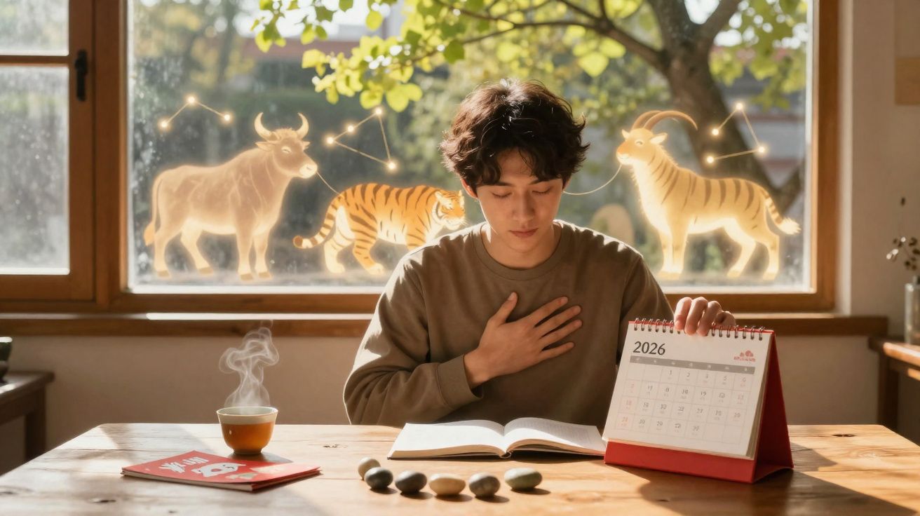 Homem sentado à mesa com calendário de 2026 e figuras zodiacais iluminadas na janela atrás.