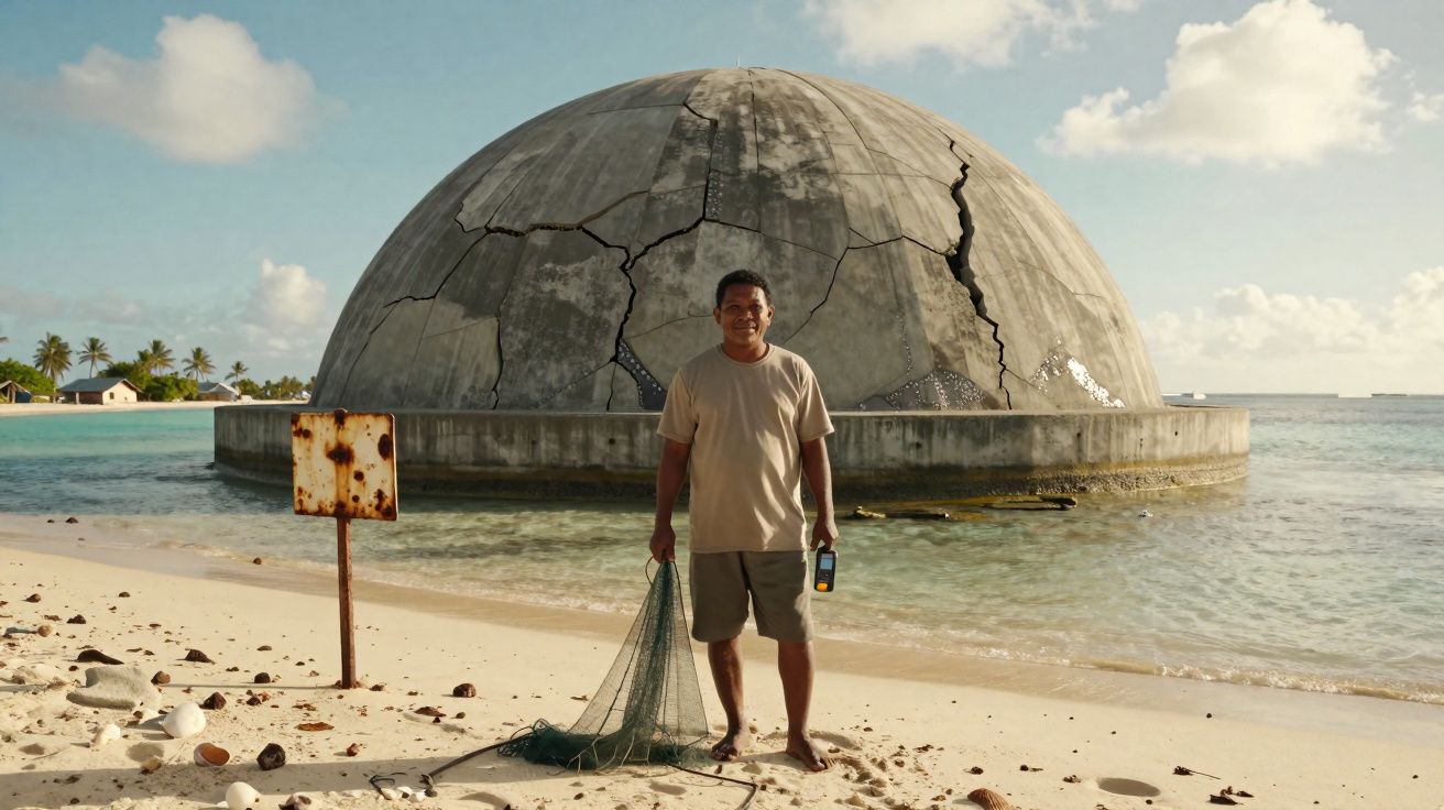 Homem com rede de pesca na praia em frente a uma grande estrutura de cúpula de concreto rachada na água.