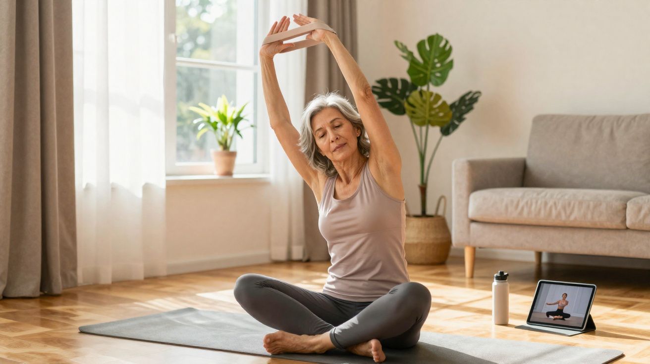 Mulher sénior a fazer alongamentos sentada no chão em sala iluminada, seguindo aula de yoga online no tablet.
