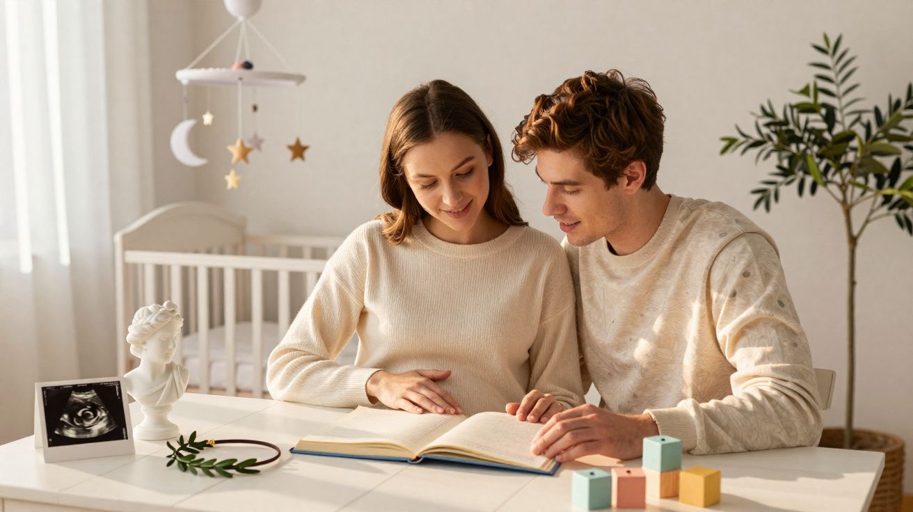 Casal jovem sentado à mesa lendo um livro, mulher grávida a tocar a barriga, num quarto de bebé.