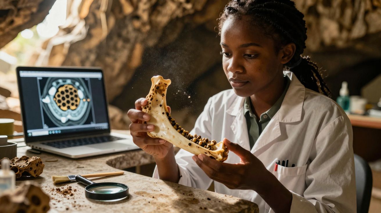 Jovem cientista analisa maxilar com sementes enquanto estuda dados no portátil num laboratório.
