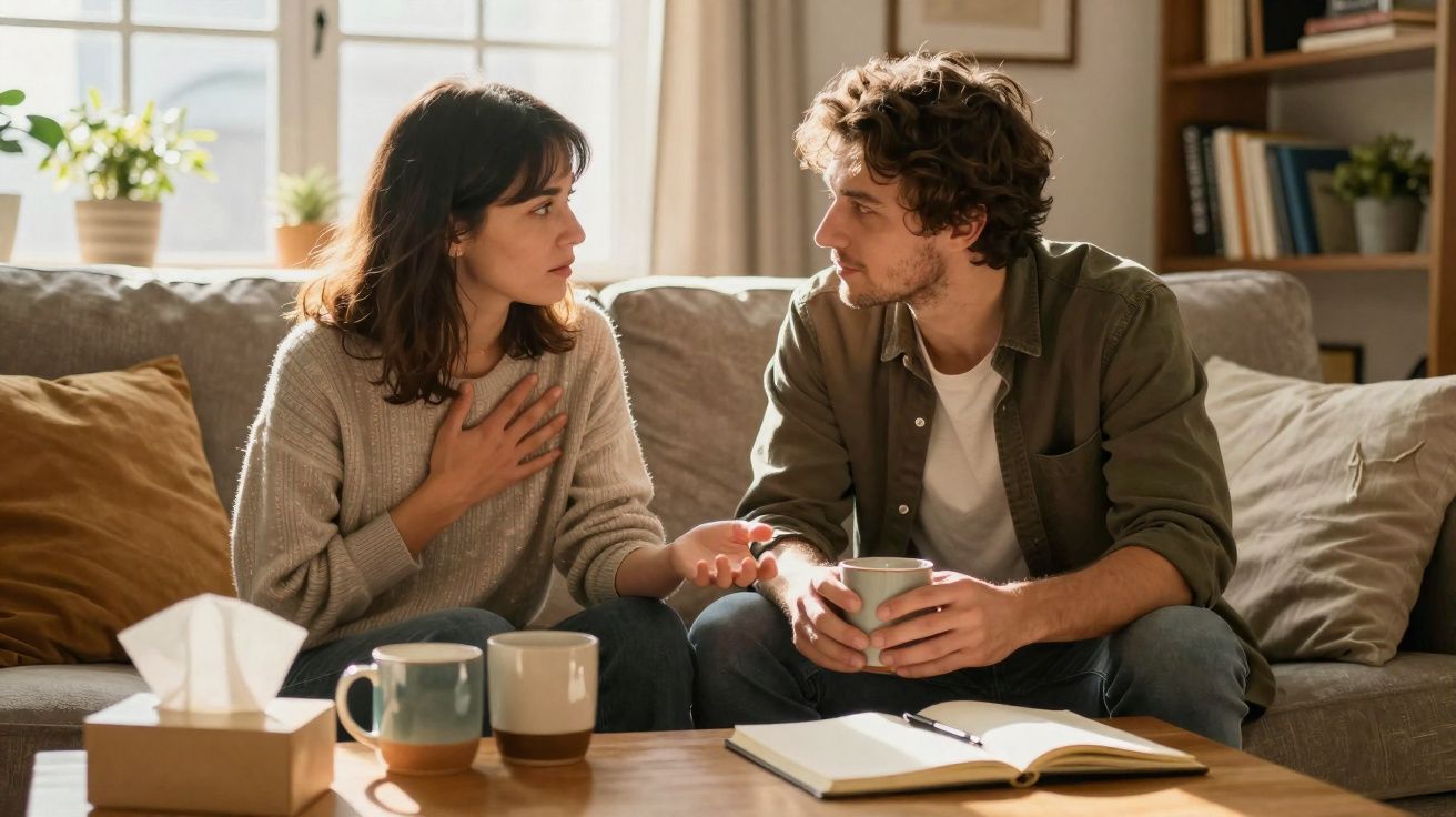 Casal sentado no sofá em conversa séria, com chá na mão e cadernos sobre a mesa em ambiente acolhedor.